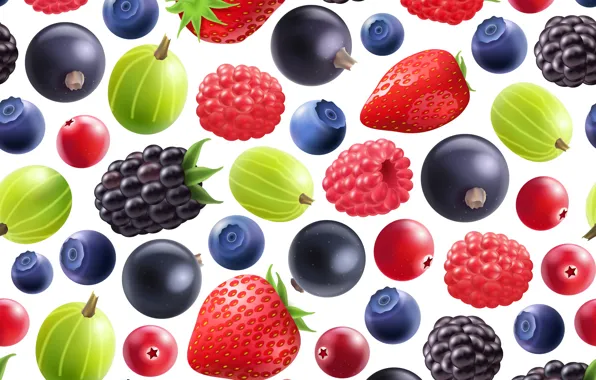 Berries, background, blueberries, strawberry, gooseberry, patern