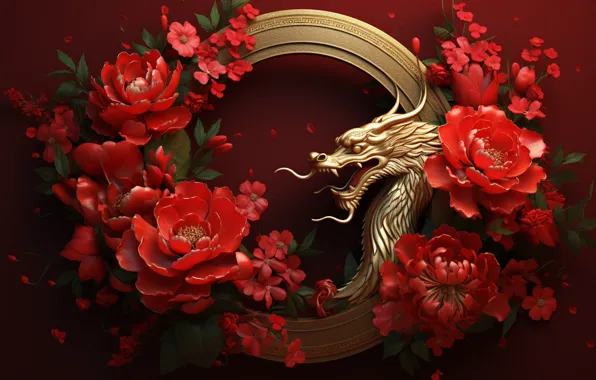 Flowers, dragon, Christmas, mouth, red, New year, gold plated, wreath