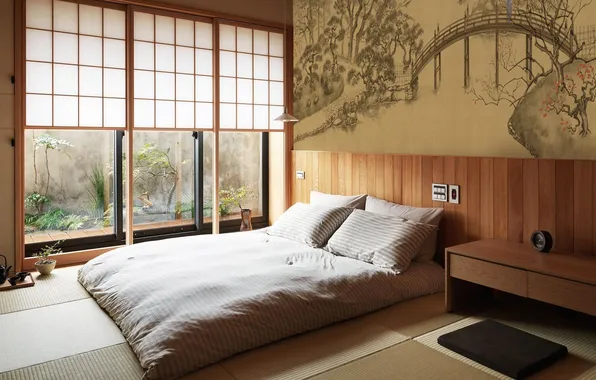 Design, interior, bedroom, futon, Asian style