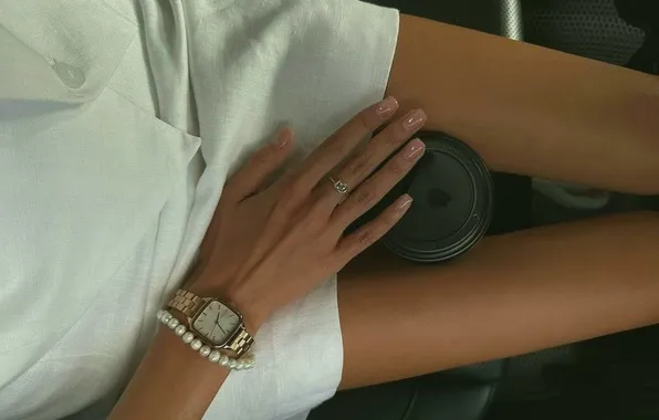 Glass, watch, tan, white dress, manicure, slender legs