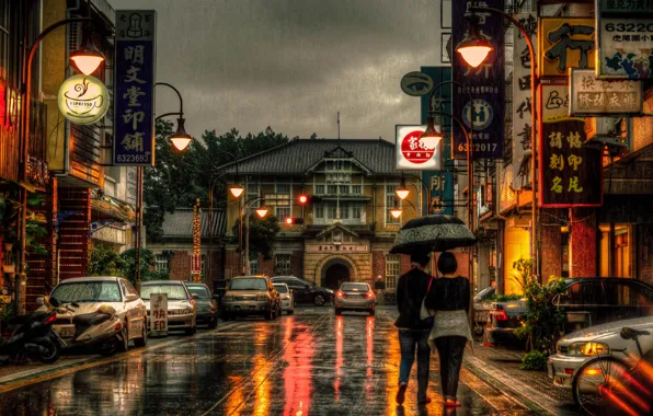 Bike, girls, motorcycles, street, umbrella, Taiwan, cars, stores