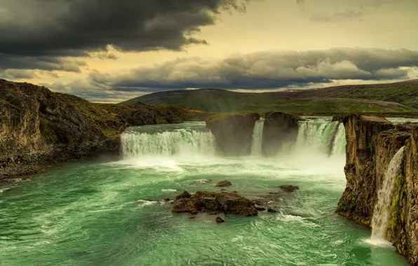 Rocks, waterfall, Iceland, pond