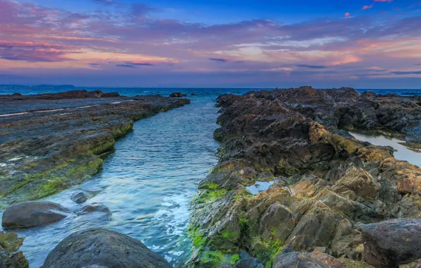 Sea, the sky, sunset, stones, coast, horizon, Australia, Queensland