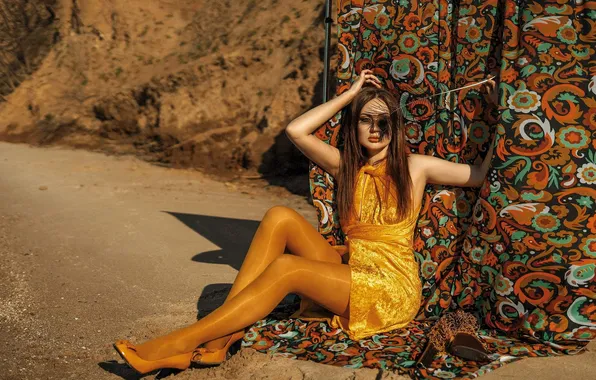 Girl, fabric, peacock feather, yellow dress