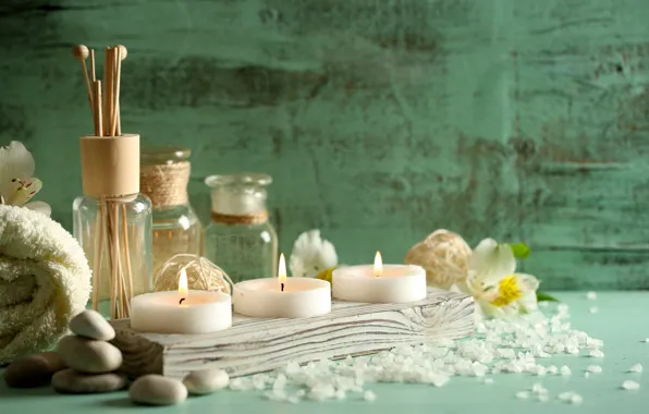Stones, oil, towel, candles, perfume, Spa, salt