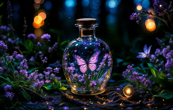 Butterfly, lights, tube, bottle, in the dark, purple flowers, blur bokeh