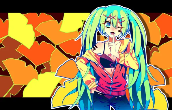 Leaves, vocaloid, Hatsune Miku, blue hair, wink