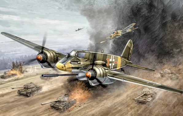 War, art, painting, aviation, ww2, Henschel Hs 129 B3, &ampquot;Tank Buster&ampquot;, ground-attack aircraft