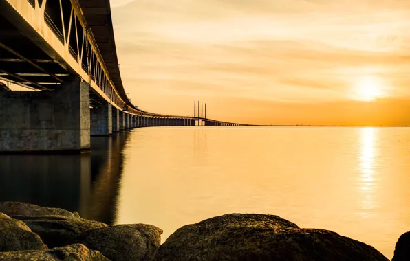 Picture sea, bridge, stones, support, Sweden, Malmo