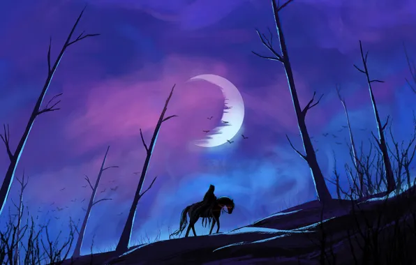 Dark, moon, fantasy, trees, night, red eyes, birds, horse
