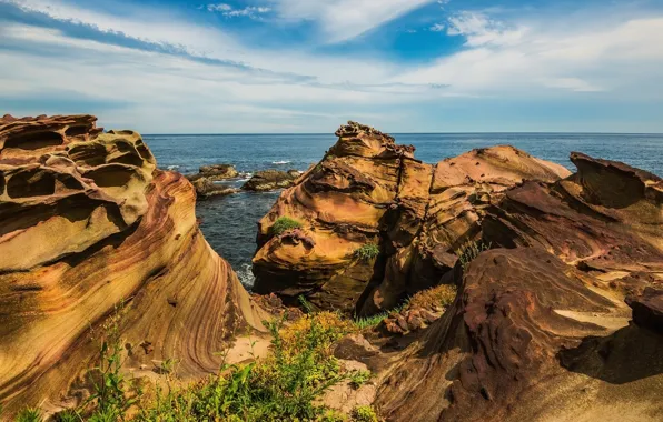 Sea, the sky, clouds, line, stones, rocks, blue, shore