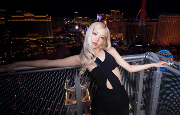 Night, pose, skyscrapers, blonde, rose, Asian, night city, cutie