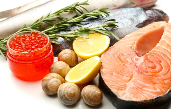 Lemon, snails, fish, caviar, food, fish, seafood, lemons