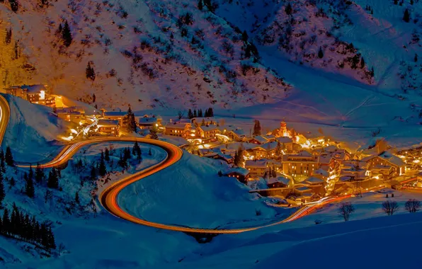 Winter, night, lights, home, Austria, Alps, ski resort, Stuben