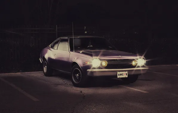 Night, classic, muscle car, headlights, 1974, AMC Hornet