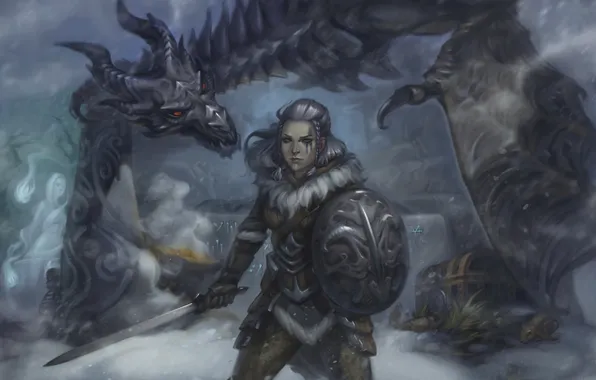 Girl, snow, dragon, spirit, sword, art, chest, shield