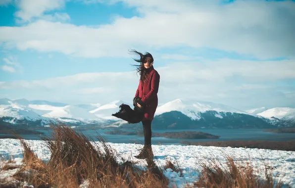 Mountains, the wind, brunette, coat