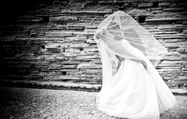 Picture woman, dress, black and white, male, lovers, two, the bride, veil