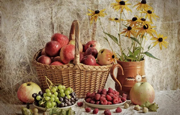 Picture raspberry, basket, apples, grapes, still life
