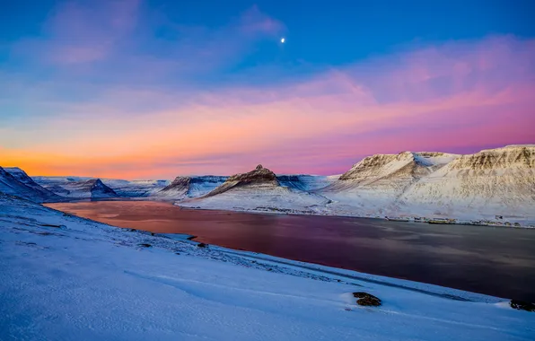 Winter, snow, landscape, lake, dawn