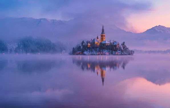 Picture winter, mountains, fog, the evening, morning, Lake bled, Bled