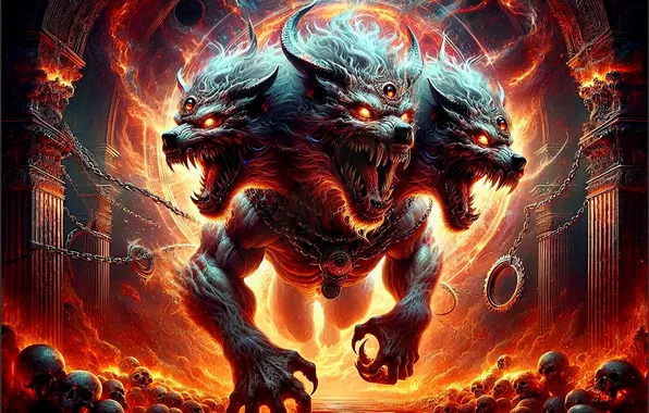 Fire, flame, fantasy, bones, arch, skull, chain, Cerberus
