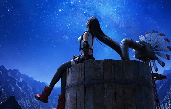 Girl, night, Final Fantasy, look to the sky, starry sky, Tifa Lockhart, Final Fantasy VII …
