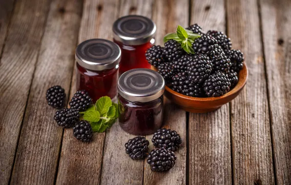 Berries, Board, harvest, jars, bowl, mint, BlackBerry, jam