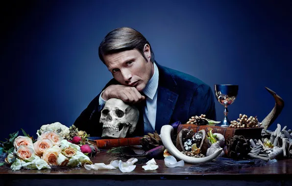 Look, flowers, skull, male, actor, Mads Mikkelsen, Mads Mikkelsen