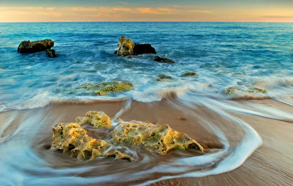 Sand, sea, wave, foam, nature, rocks, horizon