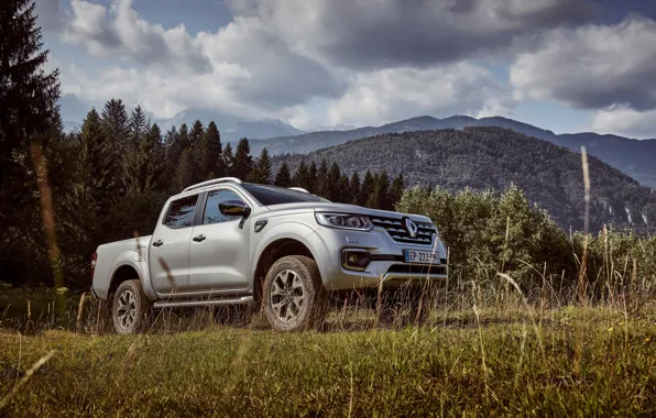 Picture grass, clouds, trees, mountains, meadow, Renault, pickup, 4x4