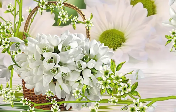 Greens, rendering, background, collage, spring, snowdrops, picture, white flowers