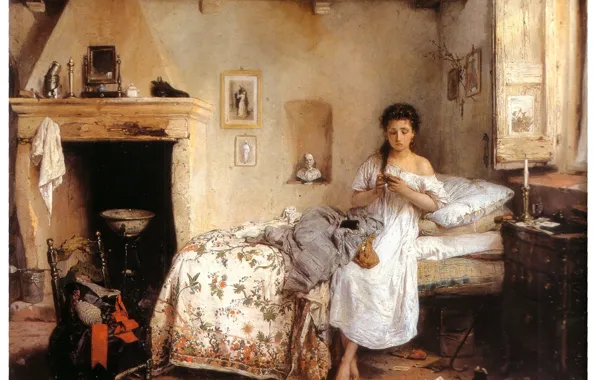Bed, Wallpaper, Chair, White Dress, Window, Fireplace, Sad Woman