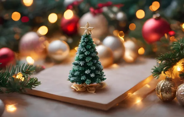 Balls, branches, lights, toy, blur, Christmas, red, New year