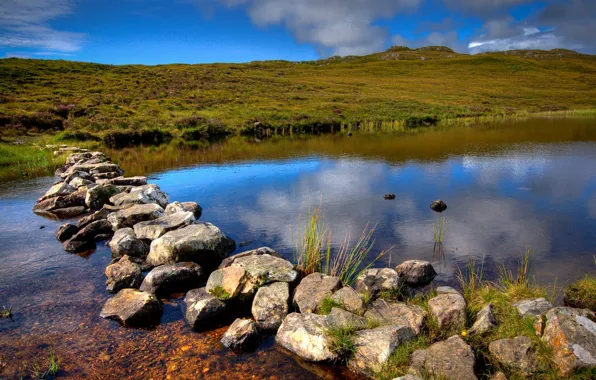 Picture the sky, river, stones, hills, Scotland