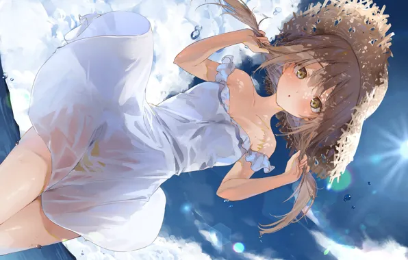 Girl, vacation, hot summer, blue sky, straw hat, white sundress