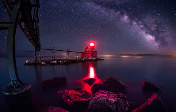 The sky, light, night, red, bridge, lake, stones, shore