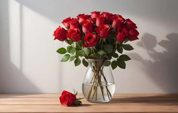 Light, flowers, wall, roses, bouquet, window, red, shadows