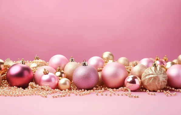 Decoration, background, pink, balls, New Year, Christmas, golden, new year