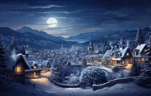 Winter, snow, night, lights, New Year, village, Christmas, houses