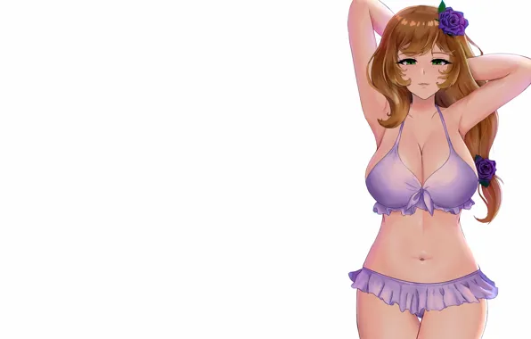 Girl, sexy, cleavage, green eyes, long hair, boobs, anime, flowers