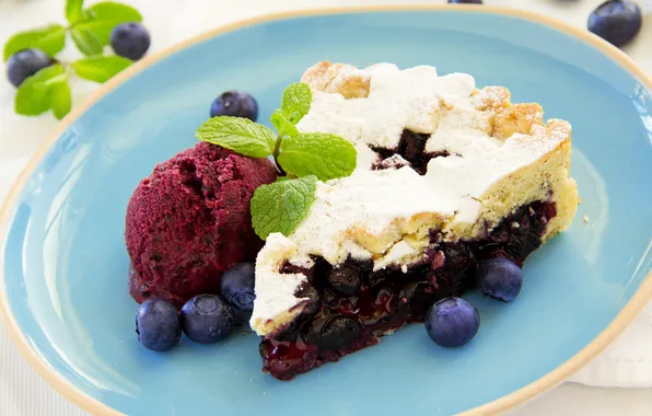 Picture blueberries, ice cream, dessert, mint leaves, blueberry pie