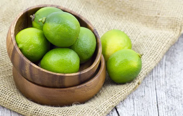 Lime, citrus, burlap, bowls