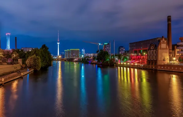 Night, lights, river, tower, home, Germany, promenade, Berlin
