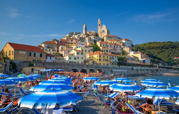 Beach, umbrella, Italy, Liguria, Cervo