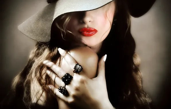 Picture girl, hand, ring, hat, lipstick, red lips