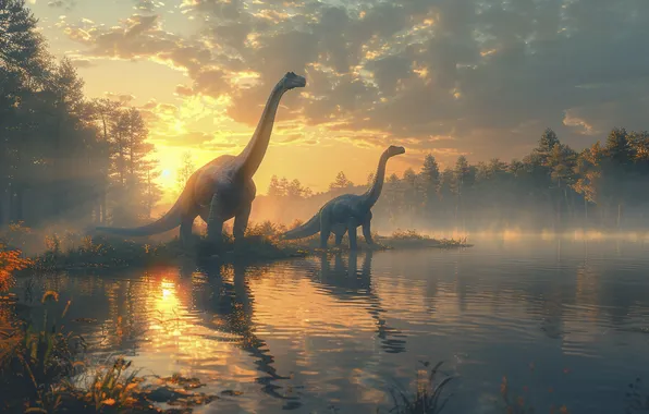 Clouds, Trees, River, Dawn, Two, Animals, Digital art, Dinosaurs