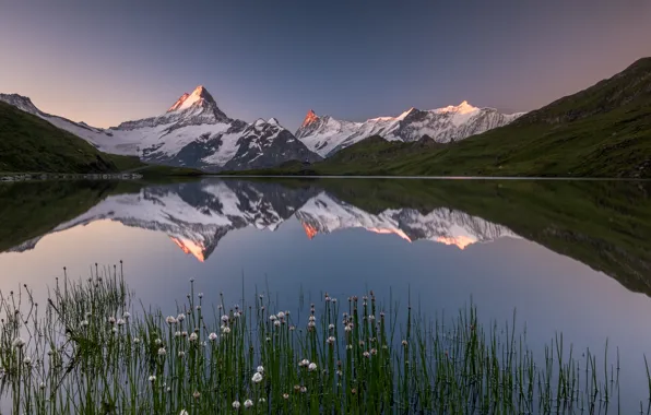 The sky, light, mountains, lake, reflection