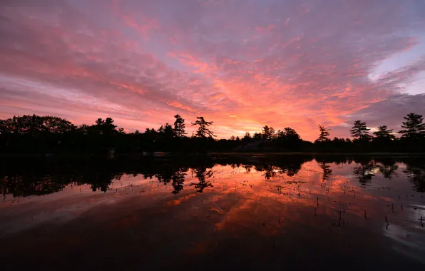 Picture the sky, clouds, trees, sunset, lake, reflection, the evening, Canada