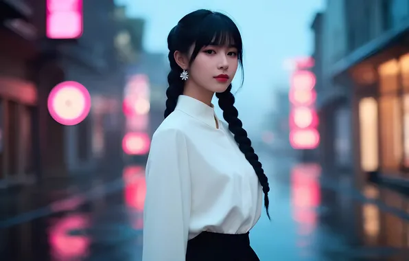 Look, girl, the city, earrings, Chinese, Asian, braids, white blouse